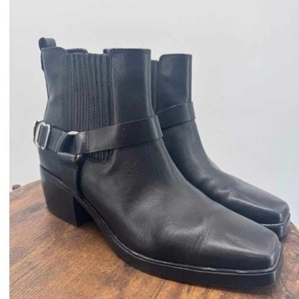Sam Edelman Womens Black Leather Harness Ankle Bootie SZ 11 Square Toe Moto
